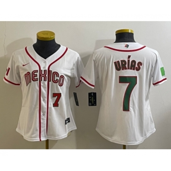 Women's Mexico Baseball 7 Julio Urias Number 2023 White World Classic Stitched Jersey1
