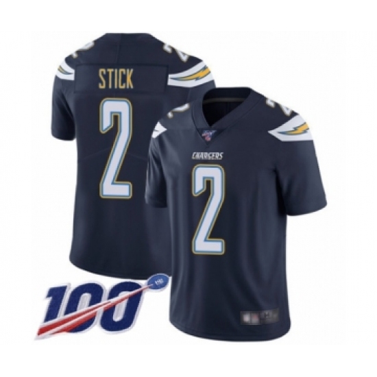 Men's Los Angeles Chargers 2 Easton Stick Navy Blue Team Color Vapor Untouchable Limited Player 100th Season Football Jersey