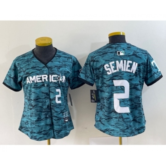 Women's Texas Rangers 2 Marcus Semien Number Teal 2023 All Star Stitched Baseball Jersey