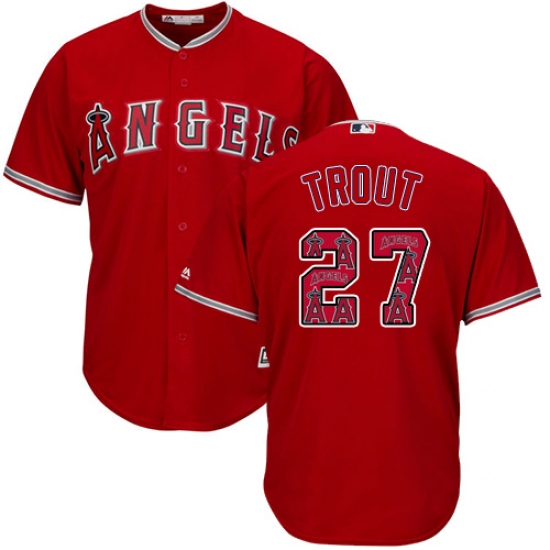 Men's Majestic Los Angeles Angels of Anaheim 27 Mike Trout Authentic Red Team Logo Fashion Cool Base MLB Jersey