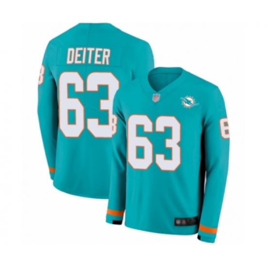 Youth Miami Dolphins 63 Michael Deiter Limited Aqua Therma Long Sleeve Football Jersey
