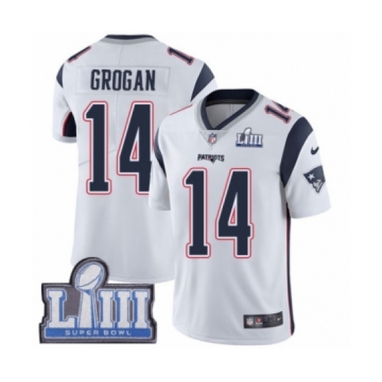 Men's Nike New England Patriots 14 Steve Grogan White Vapor Untouchable Limited Player Super Bowl LIII Bound NFL Jersey