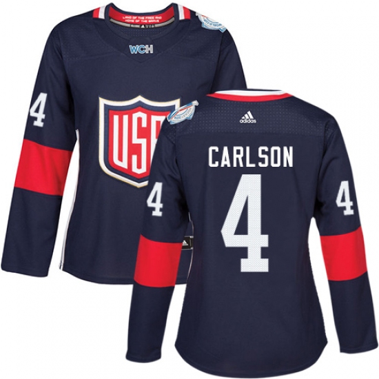Women's Adidas Team USA 4 John Carlson Authentic Navy Blue Away 2016 World Cup Hockey Jersey