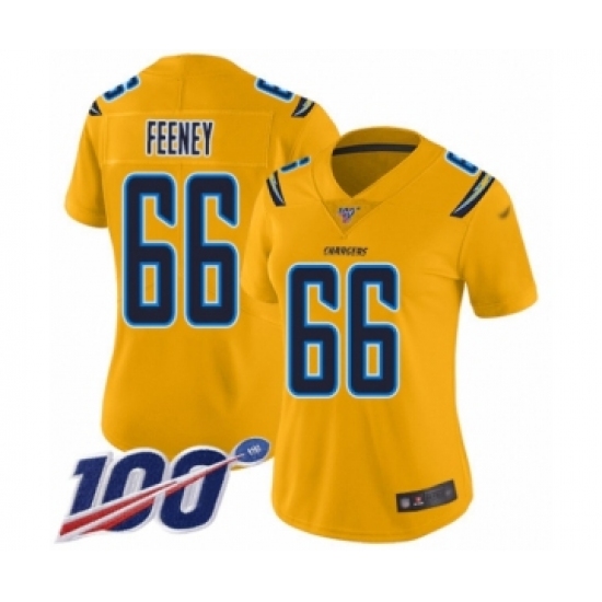 Women's Los Angeles Chargers 66 Dan Feeney Limited Gold Inverted Legend 100th Season Football Jersey