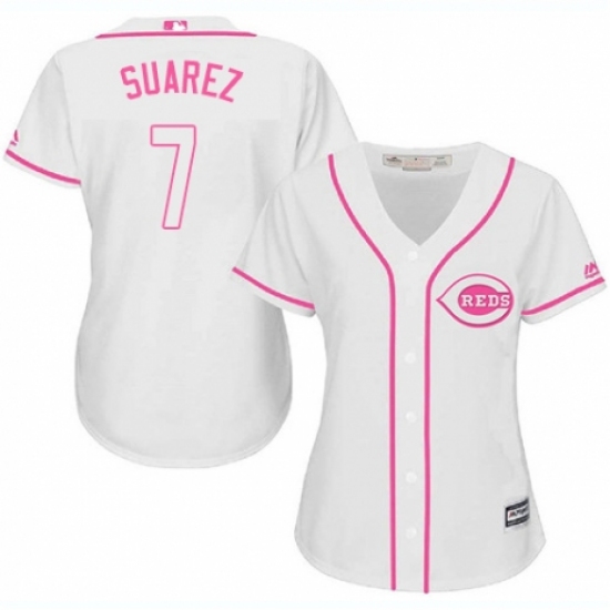 Women's Majestic Cincinnati Reds 7 Eugenio Suarez Replica White Fashion Cool Base MLB Jersey