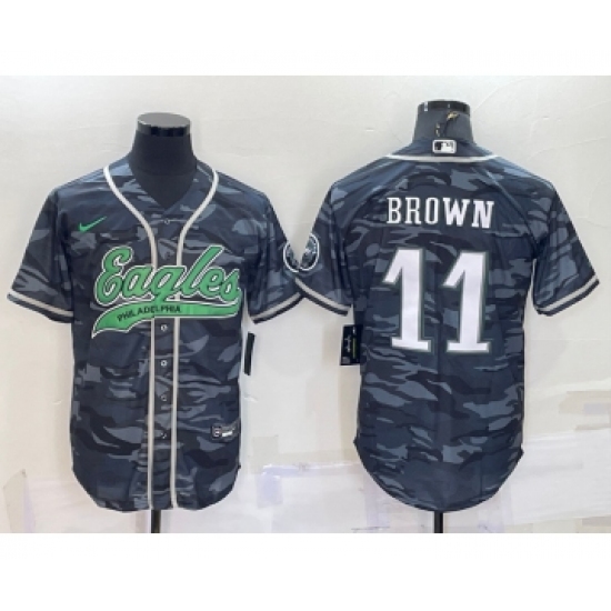 Men's Philadelphia Eagles 11 AJ Brown Grey Camo Cool Base Stitched Baseball Jersey