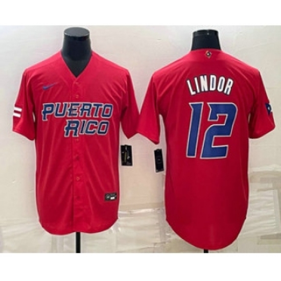 Men's Puerto Rico Baseball 12 Francisco Lindor 2023 Red World Baseball Classic Stitched Jerseys