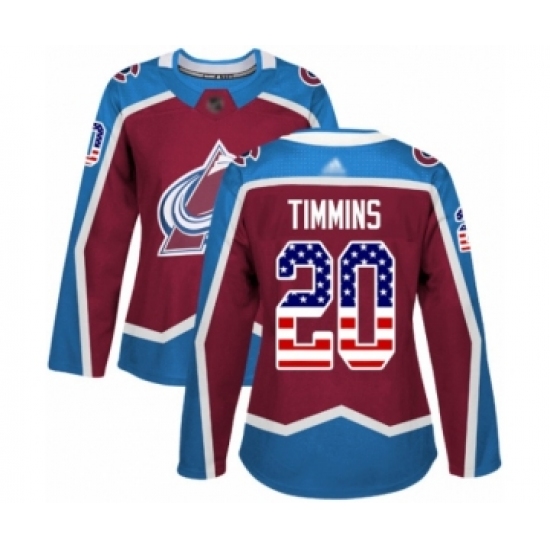 Women's Colorado Avalanche 20 Conor Timmins Authentic Burgundy Red USA Flag Fashion Hockey Jersey