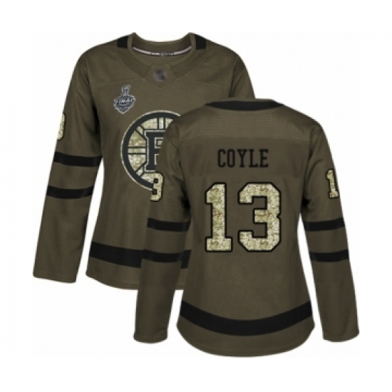 Women's Boston Bruins 13 Charlie Coyle Authentic Green Salute to Service 2019 Stanley Cup Final Bound Hockey Jersey