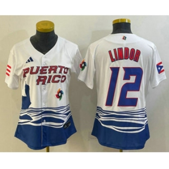 Women's Puerto Rico Baseball 12 Francisco Lindor 2023 White World Classic Stitched Jerseys
