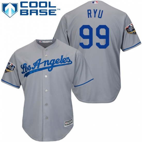 Youth Majestic Los Angeles Dodgers 99 Hyun-Jin Ryu Authentic Grey Road Cool Base 2018 World Series MLB Jersey