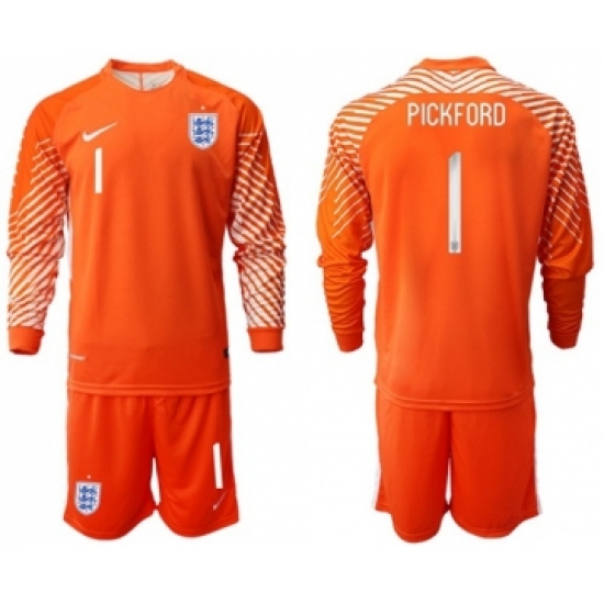 England 1 Pickford Orange Long Sleeves Goalkeeper Soccer Country Jersey