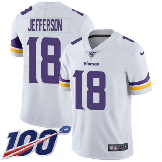 Youth Minnesota Vikings 18 Justin Jefferson White Stitched NFL 100th Season Vapor Untouchable Limited Jersey