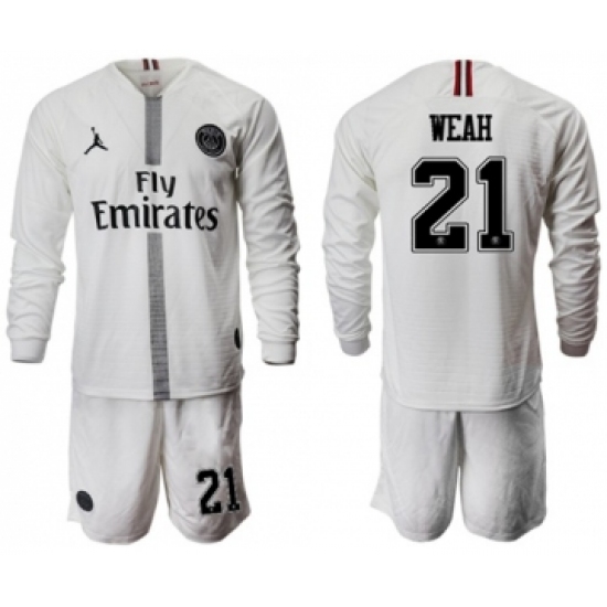 Paris Saint-Germain 21 Weah White Jordan Long Sleeves Soccer Club Jersey