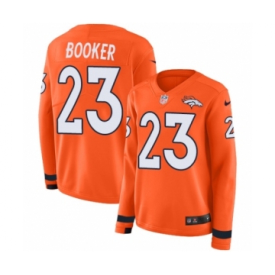 Women's Nike Denver Broncos 23 Devontae Booker Limited Orange Therma Long Sleeve NFL Jersey