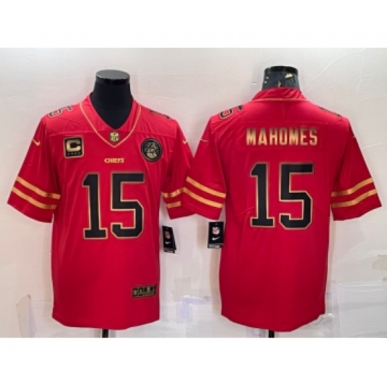 Men's Kansas City Chiefs 15 Patrick Mahomes Red Gold With C Patch Stitched Football Jersey