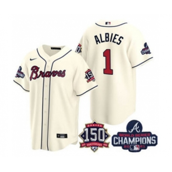 Men's Atlanta Braves 1 Ozzie Albies 2021 Cream World Series Champions With 150th Anniversary Patch Cool Base Stitched Jersey
