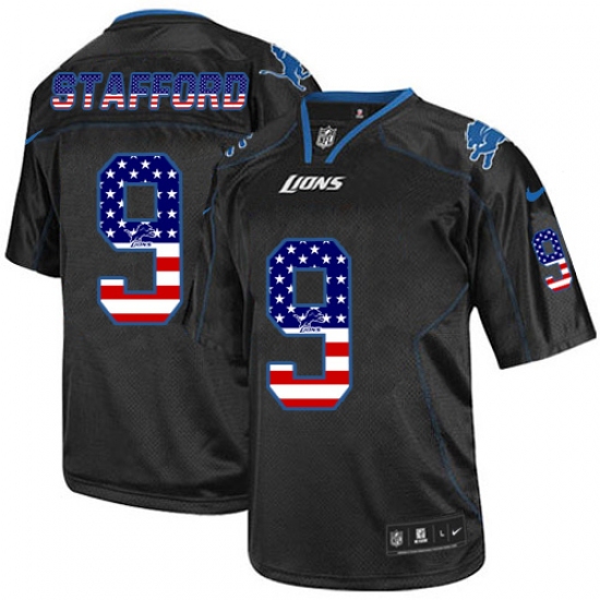 Men's Nike Detroit Lions 9 Matthew Stafford Elite Black USA Flag Fashion NFL Jersey