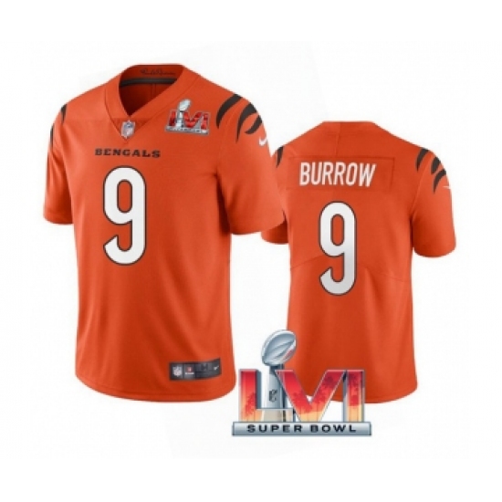 Men's Cincinnati Bengals 9 Joe Burrow 2022 Orange Super Bowl LVI Vapor Limited Stitched Jersey
