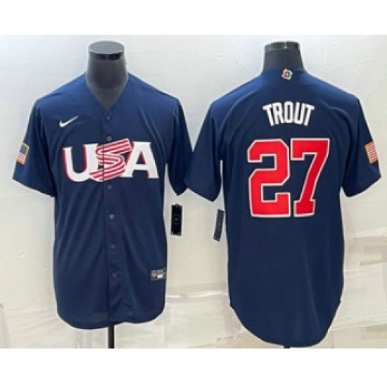 Men's USA Baseball 27 Mike Trout 2023 Navy World Baseball Classic Stitched Jerseys