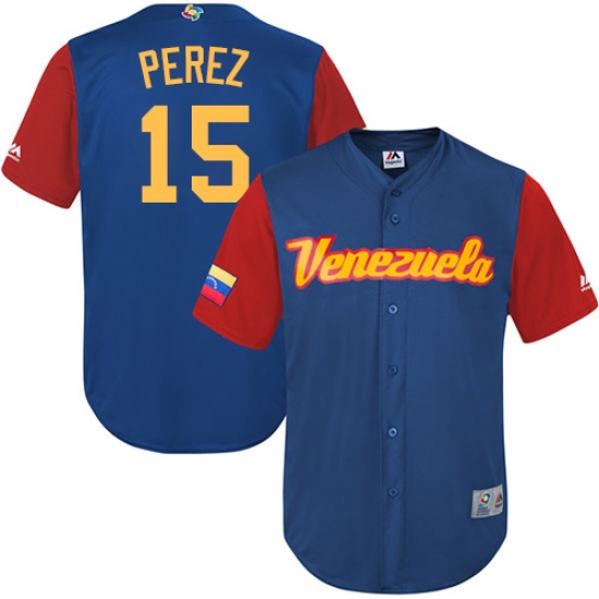 Men's Venezuela Baseball Majestic 15 Salvador Perez Royal Blue 2017 World Baseball Classic Replica Team Jersey