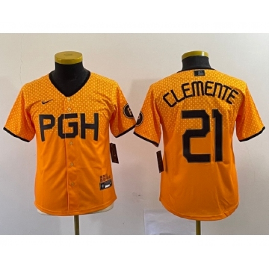 Youth Nike Pittsburgh Pirates 21 Roberto Clemente Yellow 2023 City Connect Stitched Jersey