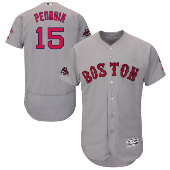 Men's Majestic Boston Red Sox 15 Dustin Pedroia Grey Road Flex Base Authentic Collection 2018 World Series Champions MLB Jersey