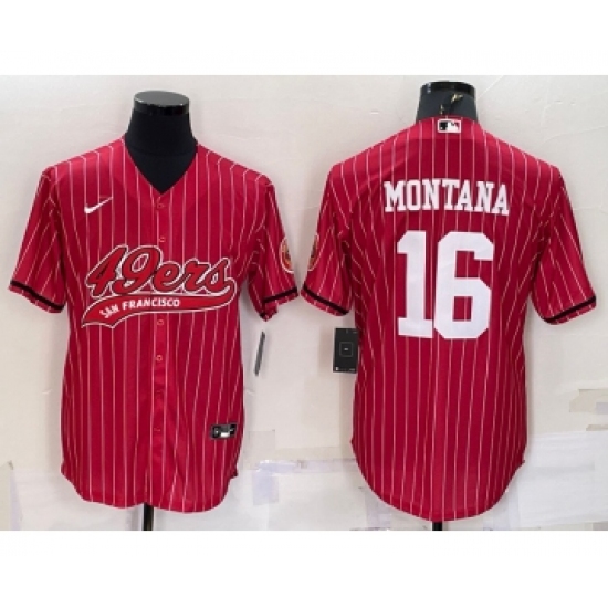 Men's San Francisco 49ers 16 Joe Montana Red Pinstripe With Patch Cool Base Stitched Baseball Jersey - Click Image to Close