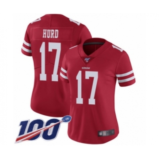Women's San Francisco 49ers 17 Jalen Hurd Red Team Color Vapor Untouchable Limited Player 100th Season Football Jersey