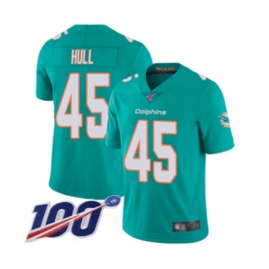 Men's Miami Dolphins 45 Mike Hull Aqua Green Team Color Vapor Untouchable Limited Player 100th Season Football Jersey