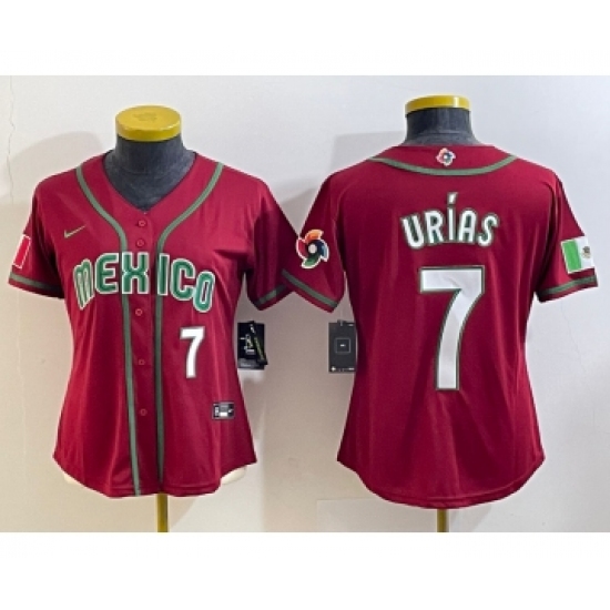 Women's Mexico Baseball 7 Julio Urias Number 2023 Red World Baseball Classic Stitched Jersey2