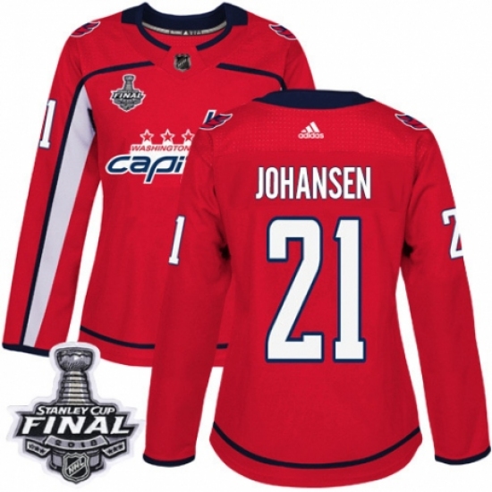 Women's Adidas Washington Capitals 21 Lucas Johansen Authentic Red Home 2018 Stanley Cup Final NHL Jersey