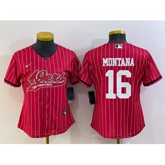 Women's San Francisco 49ers 16 Joe Montana Red Pinstripe With Patch Cool Base Stitched Baseball Jersey