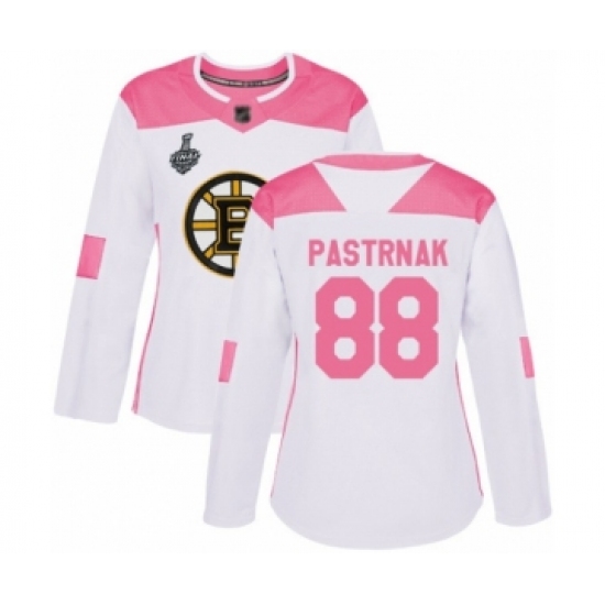 Women's Boston Bruins 88 David Pastrnak Authentic White Pink Fashion 2019 Stanley Cup Final Bound Hockey Jersey