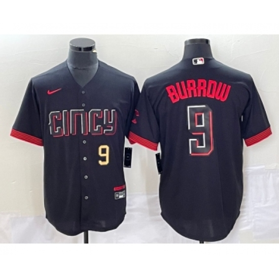 Men's Nike Cincinnati Reds 9 Joe Burrow Number Black 2023 City Connect Cool Base Stitched Baseball Jersey1