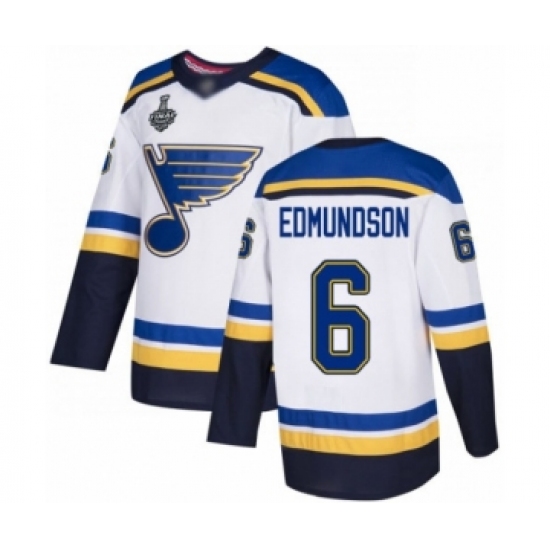 Men's St. Louis Blues 6 Joel Edmundson Authentic White Away 2019 Stanley Cup Final Bound Hockey Jersey