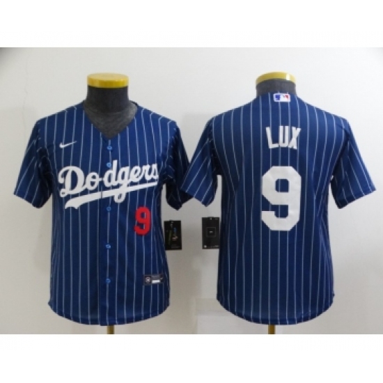 Youth Los Angeles Dodgers 9 Gavin Lux Navy Blue Pinstripe Stitched MLB Cool Base Nike Jersey
