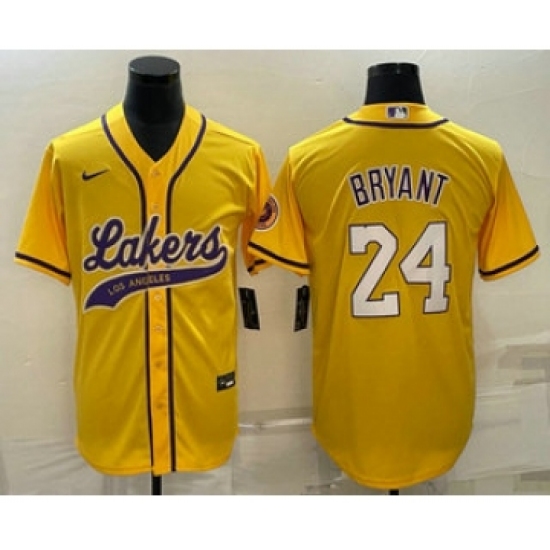 Men's Los Angeles Lakers 24 Kobe Bryant Yellow With Cool Base Stitched Baseball Jersey