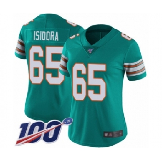 Women's Miami Dolphins 65 Danny Isidora Aqua Green Alternate Vapor Untouchable Limited Player 100th Season Football Jersey