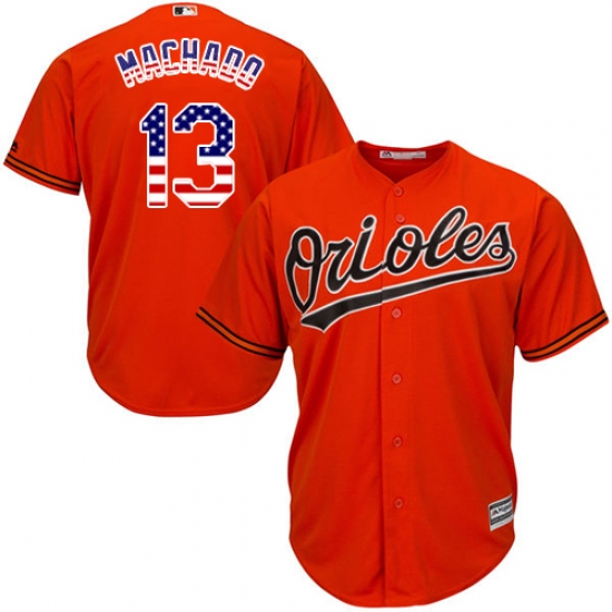 Men's Majestic Baltimore Orioles 13 Manny Machado Replica Orange USA Flag Fashion MLB Jersey