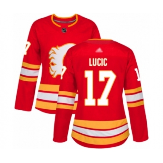 Women's Calgary Flames 17 Milan Lucic Authentic Red Alternate Hockey Jersey