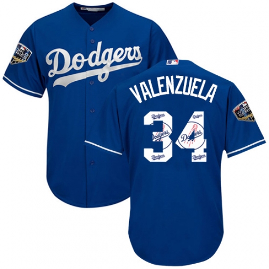 Men's Majestic Los Angeles Dodgers 34 Fernando Valenzuela Authentic Royal Blue Team Logo Fashion Cool Base 2018 World Series MLB Jersey