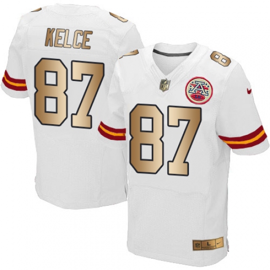 Men's Nike Kansas City Chiefs 87 Travis Kelce Elite White/Gold NFL Jersey