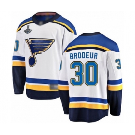 Youth St. Louis Blues 30 Martin Brodeur Fanatics Branded White Away Breakaway 2019 Stanley Cup Champions Hockey Jersey