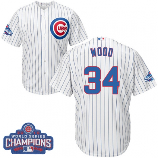 Youth Majestic Chicago Cubs 34 Kerry Wood Authentic White Home 2016 World Series Champions Cool Base MLB Jersey