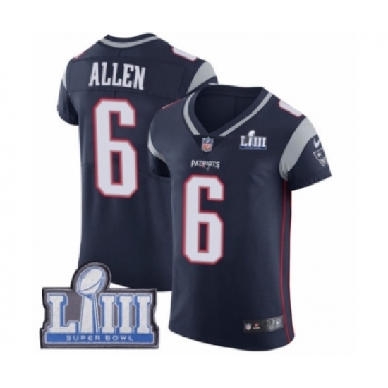 Men's Nike New England Patriots 6 Ryan Allen Navy Blue Team Color Vapor Untouchable Elite Player Super Bowl LIII Bound NFL Jersey