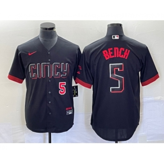 Men's Nike Cincinnati Reds 5 Johnny Bench Number Black 2023 City Connect Cool Base Stitched Baseball Jersey1
