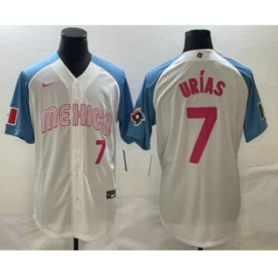 Mens Mexico Baseball 7 Julio Urias Number 2023 White Blue World Classic Stitched Jersey