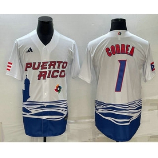 Men's Puerto Rico Baseball 1 Carlos Correa White 2023 World Baseball Classic Stitched Jersey