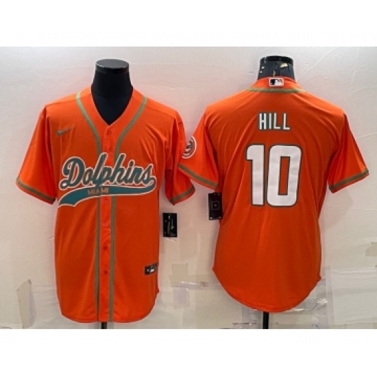 Men's Miami Dolphins 10 Tyreek Hill Orange With Patch Cool Base Stitched Baseball Jersey